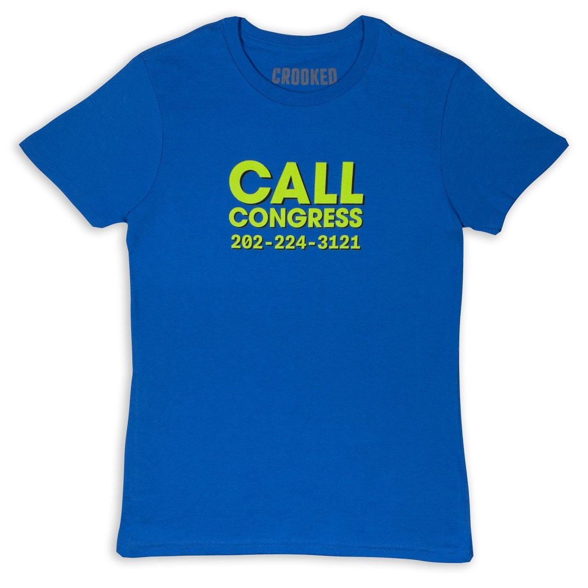 Blue t-shirt with yellow text 'CALL CONGRESS 202-224-3121' on a white background