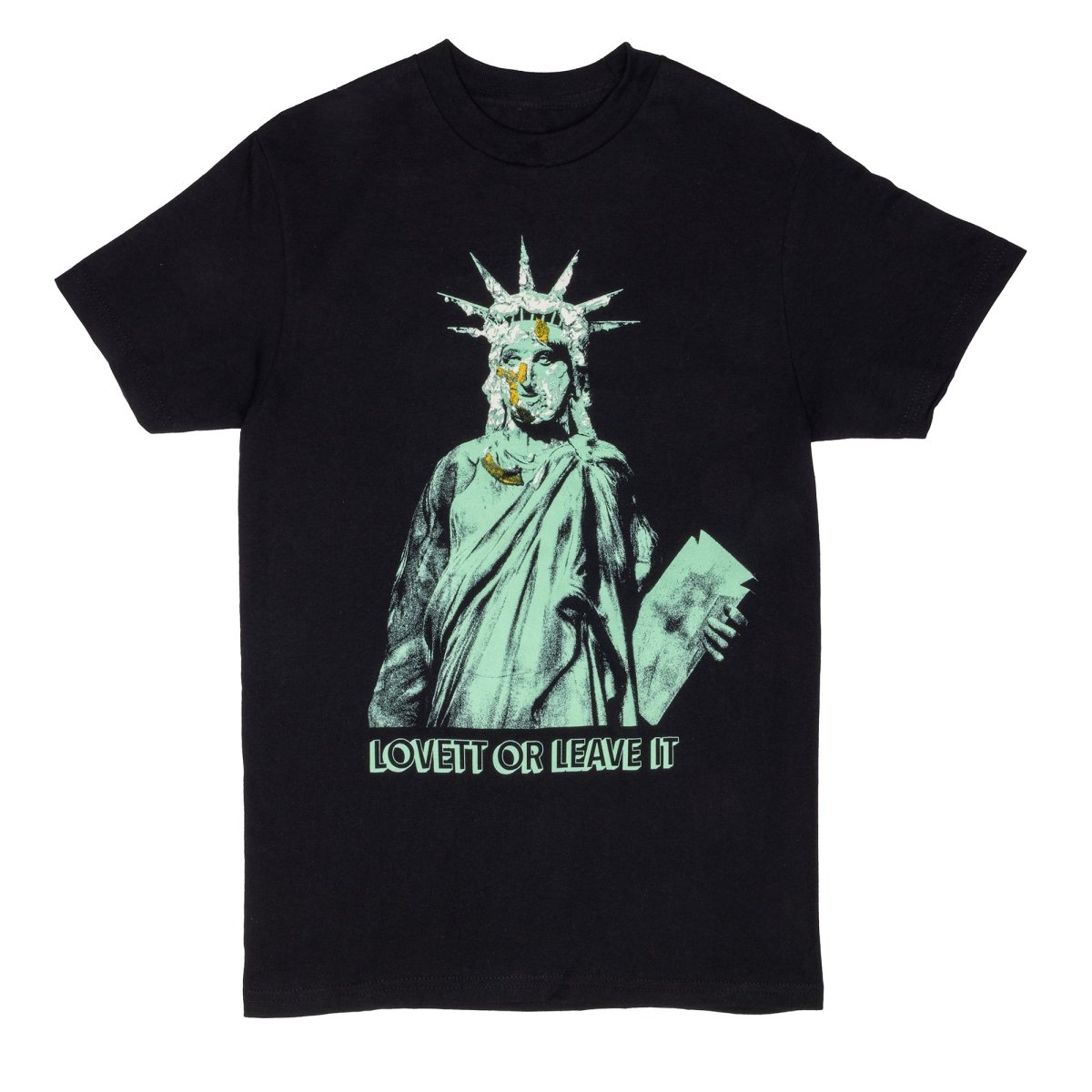 Black t-shirt with a graphic of the Statue of Liberty and 'LOVE IT OR LEAVE IT' text on a white background