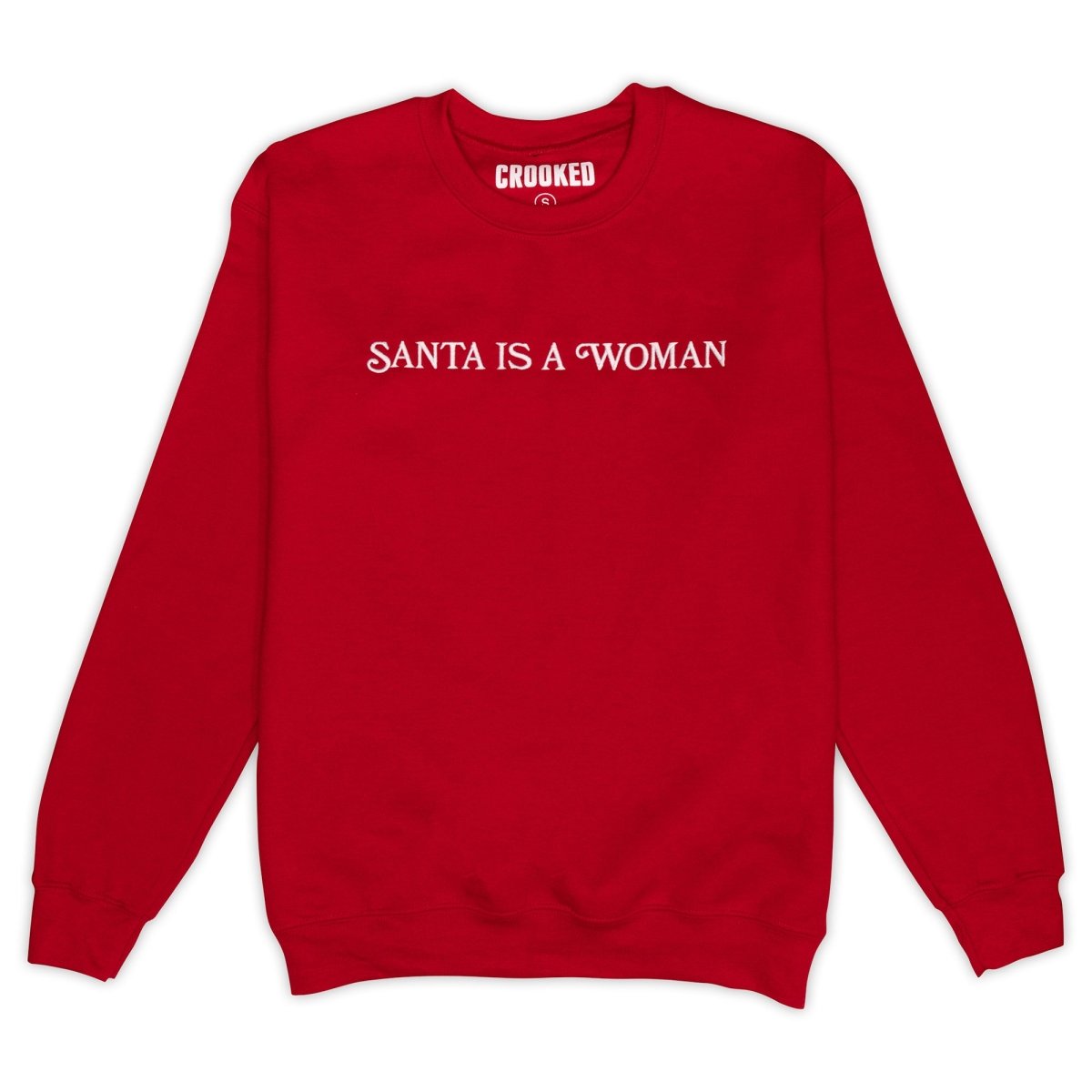 Red sweatshirt with 'Santa is a Woman' text on a white background