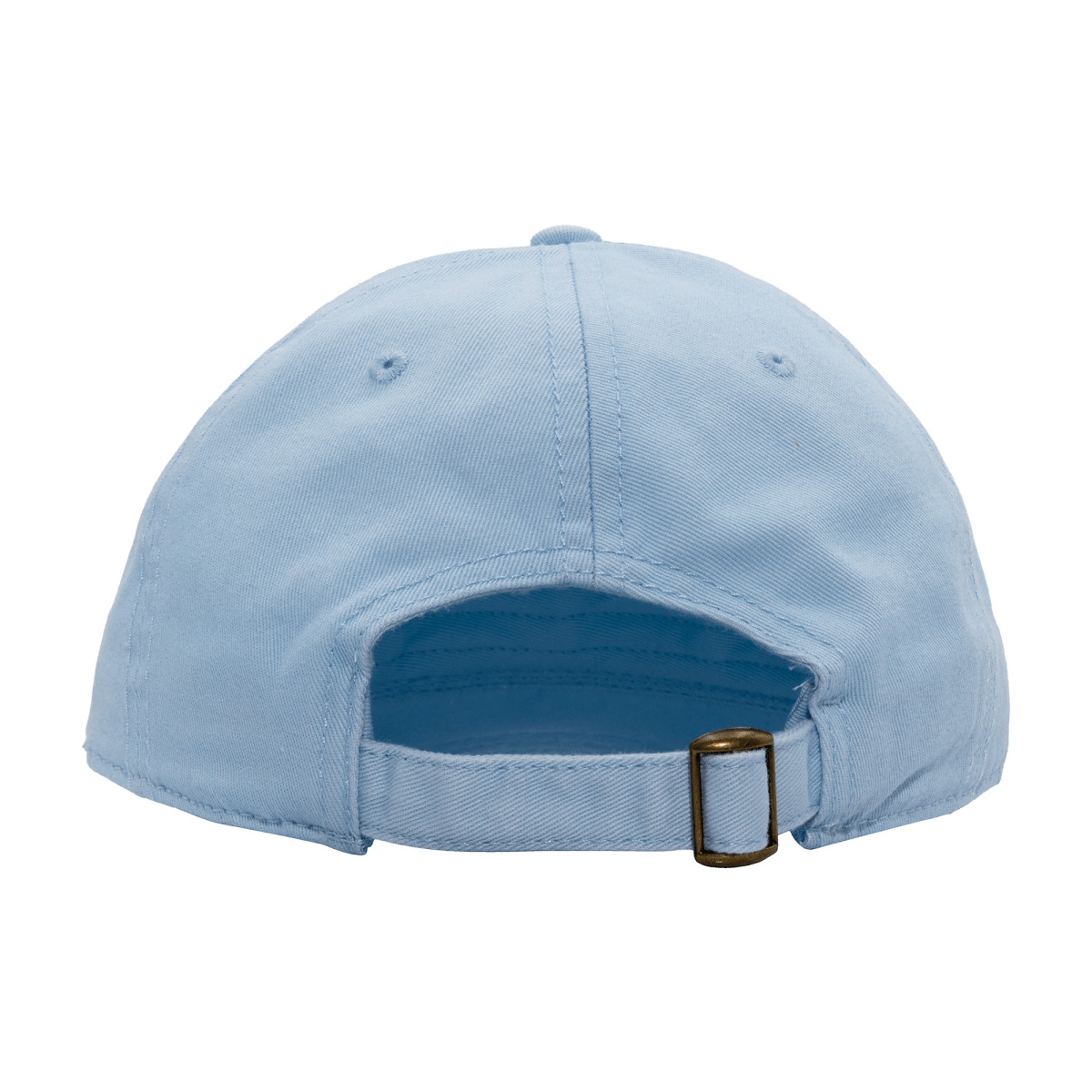 Light blue baseball cap with a brown buckle on a white background