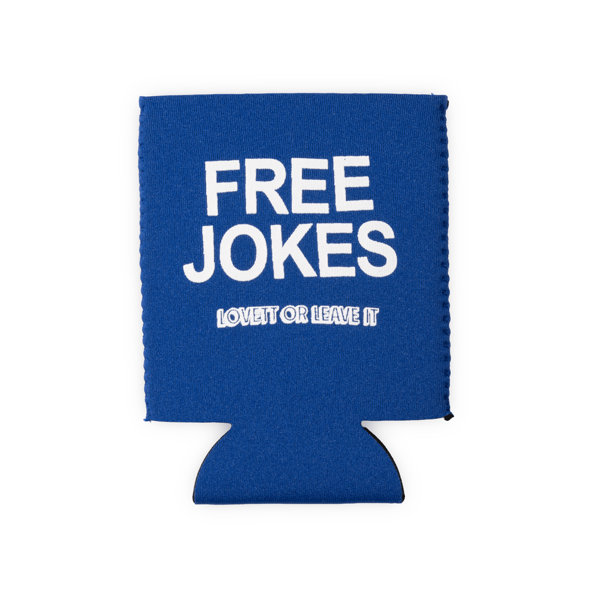 Blue can cooler with 'FREE JOKES LOVE IT OR LEAVE IT' text on a white background