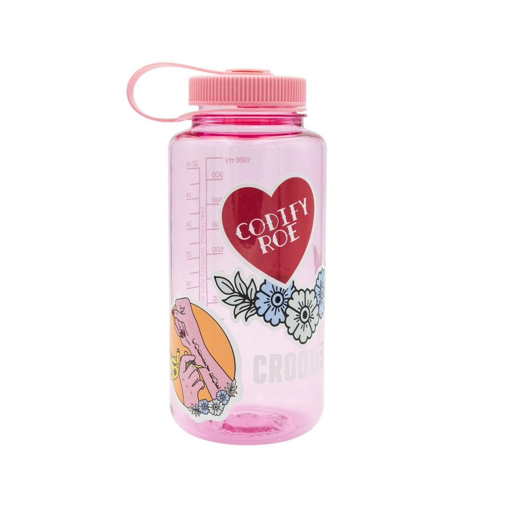 Crooked Store Codify Roe Sticker Pack, including a blue flower sticker, Codify Roe tattoo sticker, and a red heart sticker on a light pink water bottle