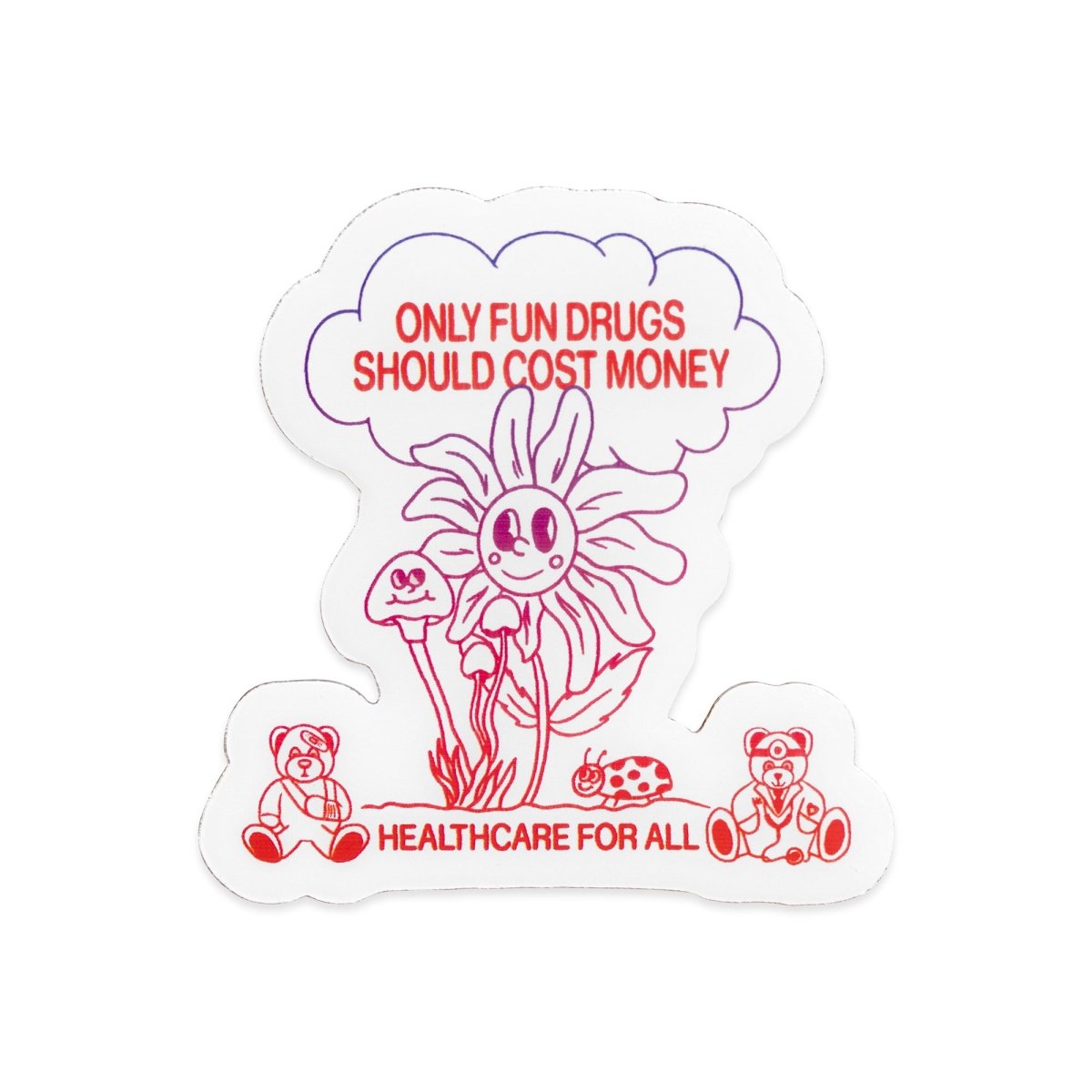 Sticker with a flower, teddy bears, and text about healthcare on a white background