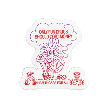 Sticker with a flower, teddy bears, and text about healthcare on a white background