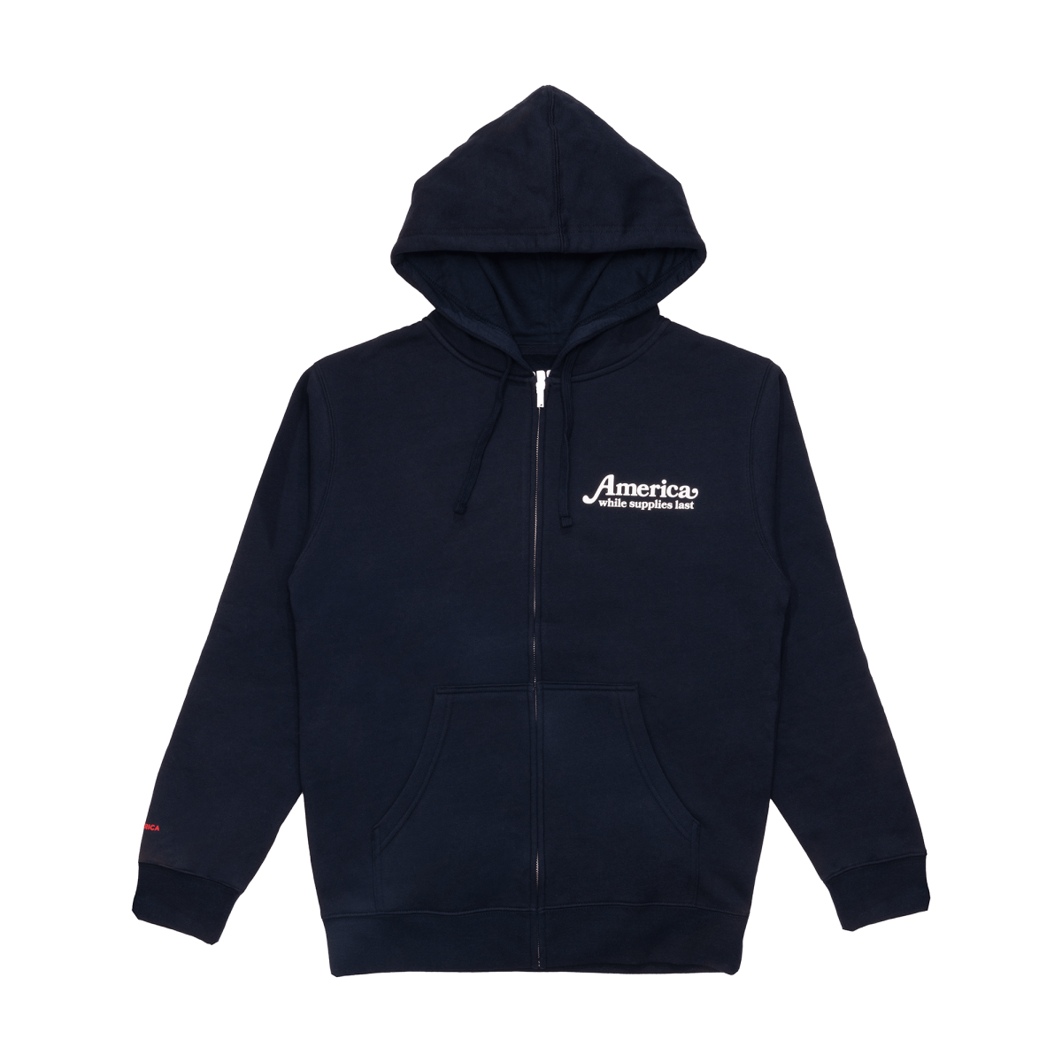 Black hoodie with a logo on the chest against a white background