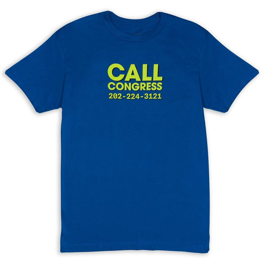 Blue t-shirt with yellow text 'CALL CONGRESS 202-224-3121' on a white background
