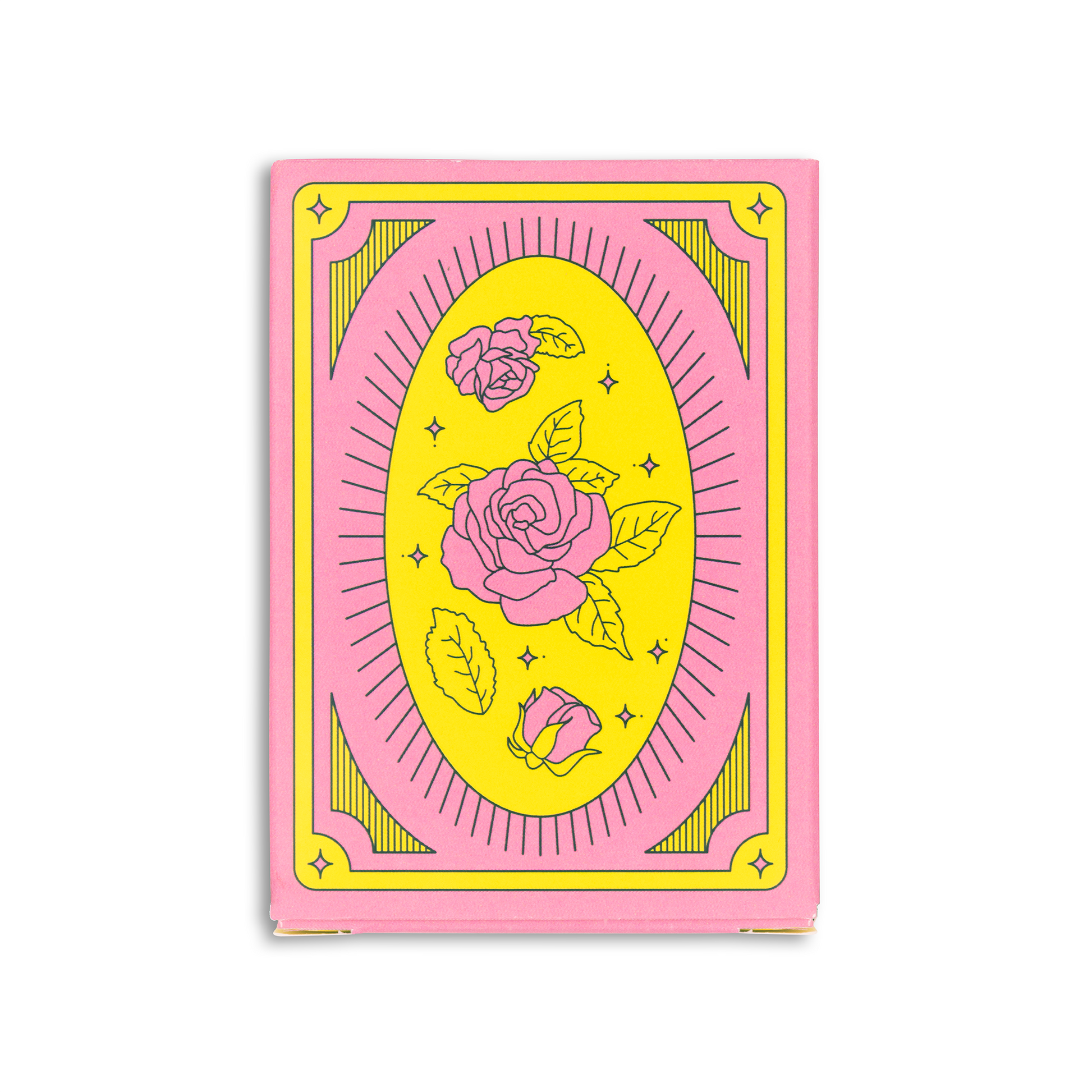 Playing card with pink roses on a yellow oval design against a pink border