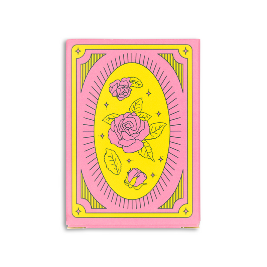 Playing card with pink roses on a yellow oval design against a pink border