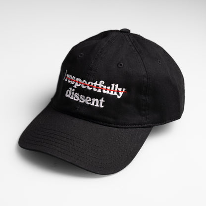 Black cap with 'respectfully dissent' text on a white background