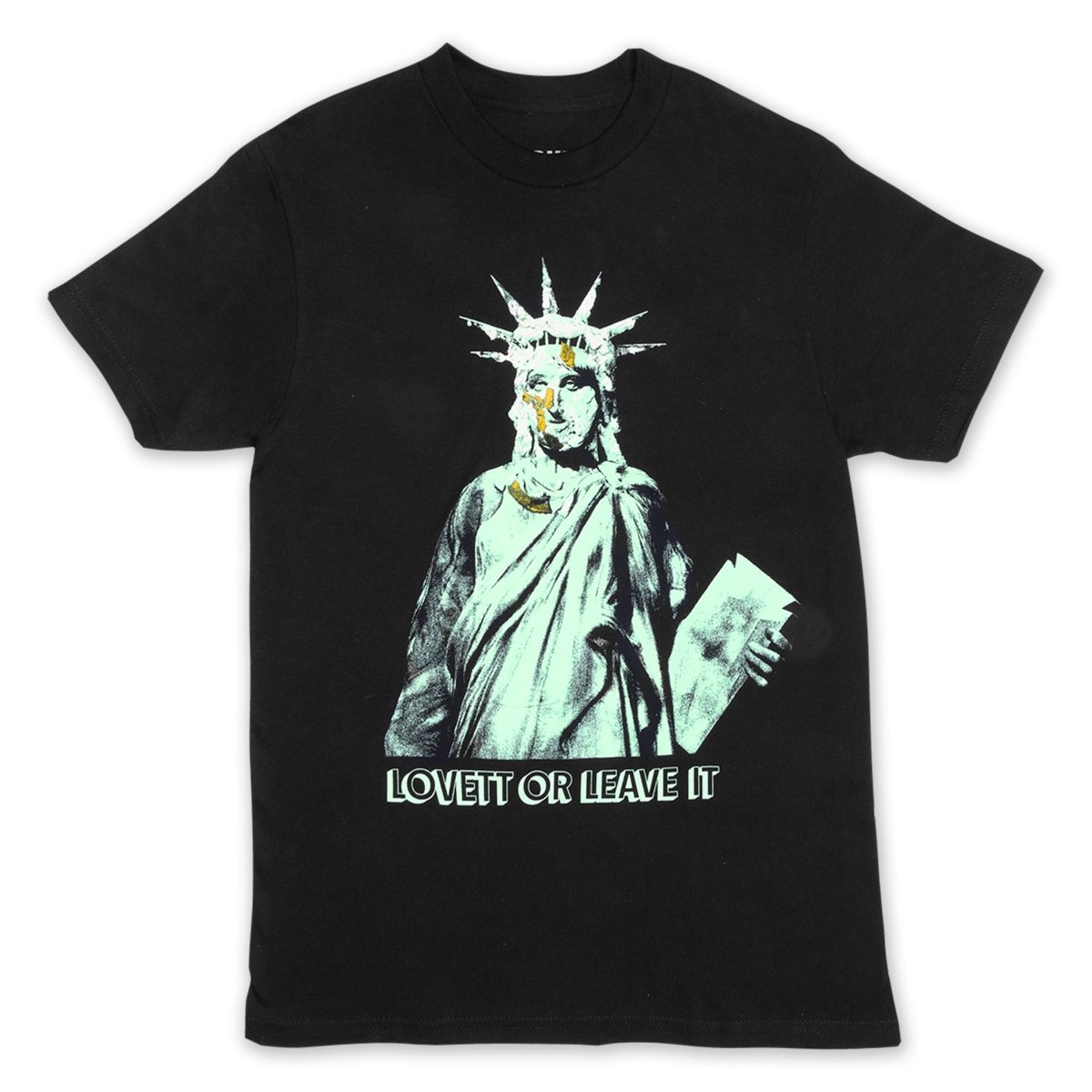 Black t-shirt with a graphic of the Statue of Liberty and 'LOVE IT OR LEAVE IT' text on a white background