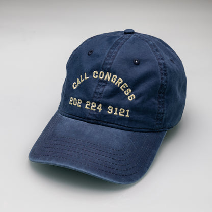 Blue cap with 'Call Congress' text on a light gray background