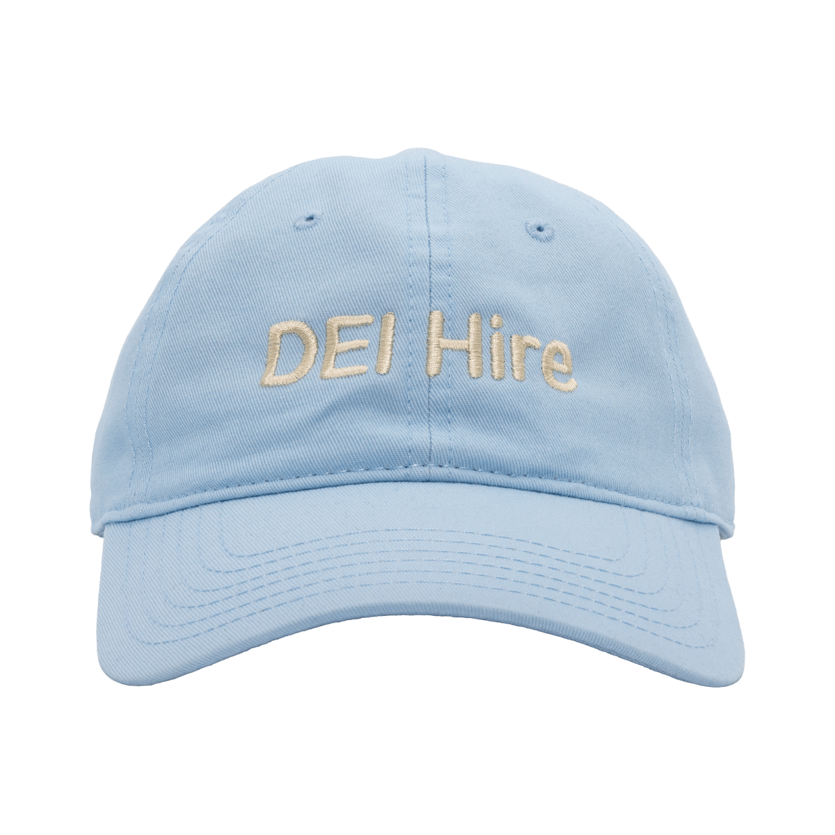 Light blue cap with 'DEI Hire' text on a white background