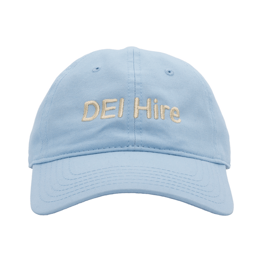 Light blue cap with 'DEI Hire' text on a white background
