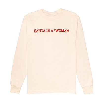 Beige sweatshirt with red text 'Santa is a Woman' on a white background