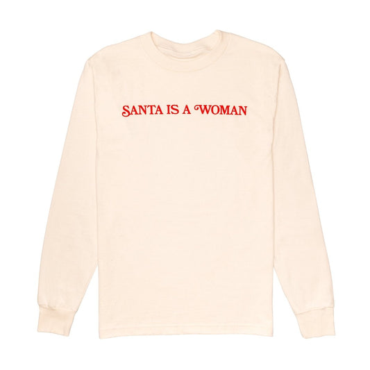 Beige sweatshirt with red text 'Santa is a Woman' on a white background