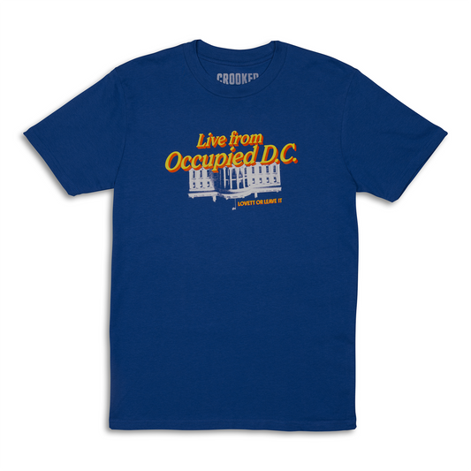 Blue t-shirt with 'Live from Occupied D.C.' text and graphic on a white background
