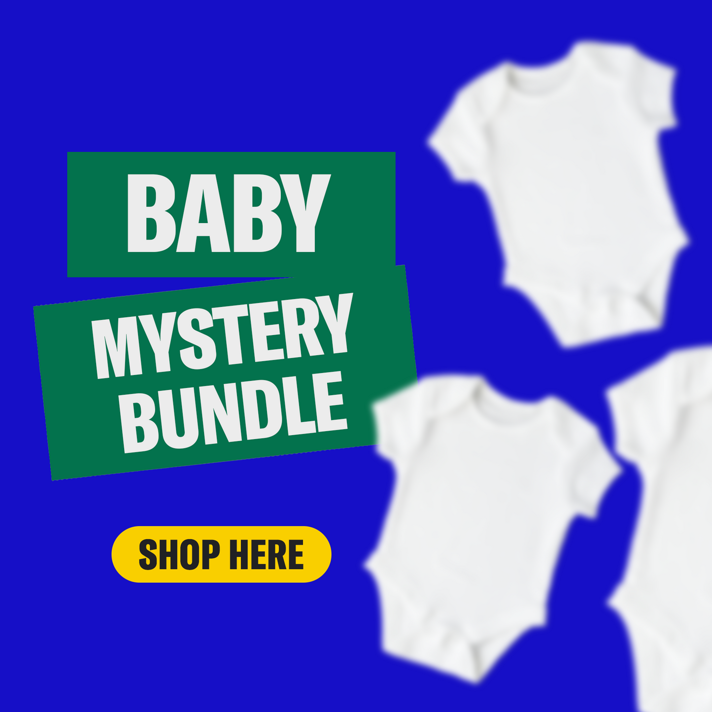 Promotional graphic for a 'Baby Mystery Bundle' product with text and a call to action on a blue background.