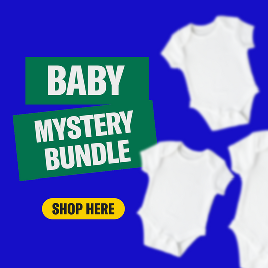 Promotional graphic for a 'Baby Mystery Bundle' product with text and a call to action on a blue background.