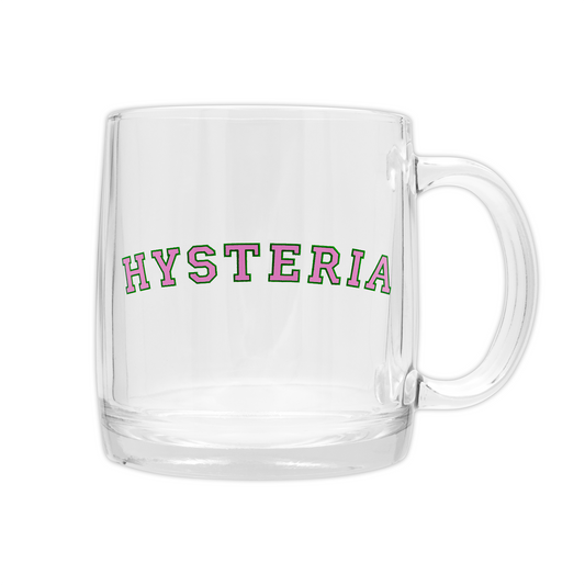 Clear mug with 'HYSTERIA' text in pink and green on a white background