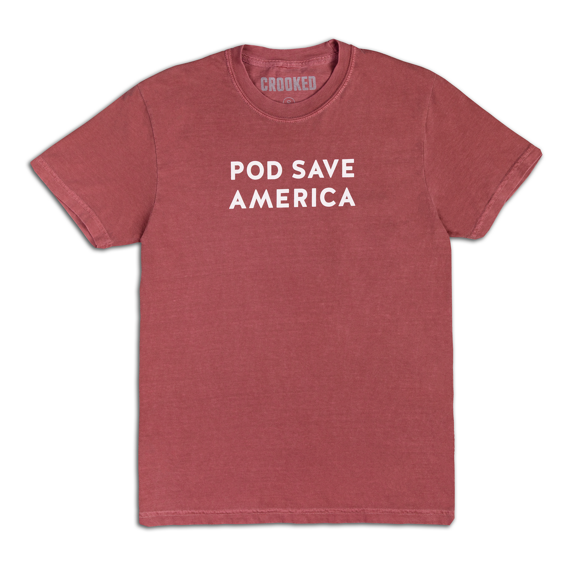 Red t-shirt with 'POD SAVE AMERICA' text on a white background