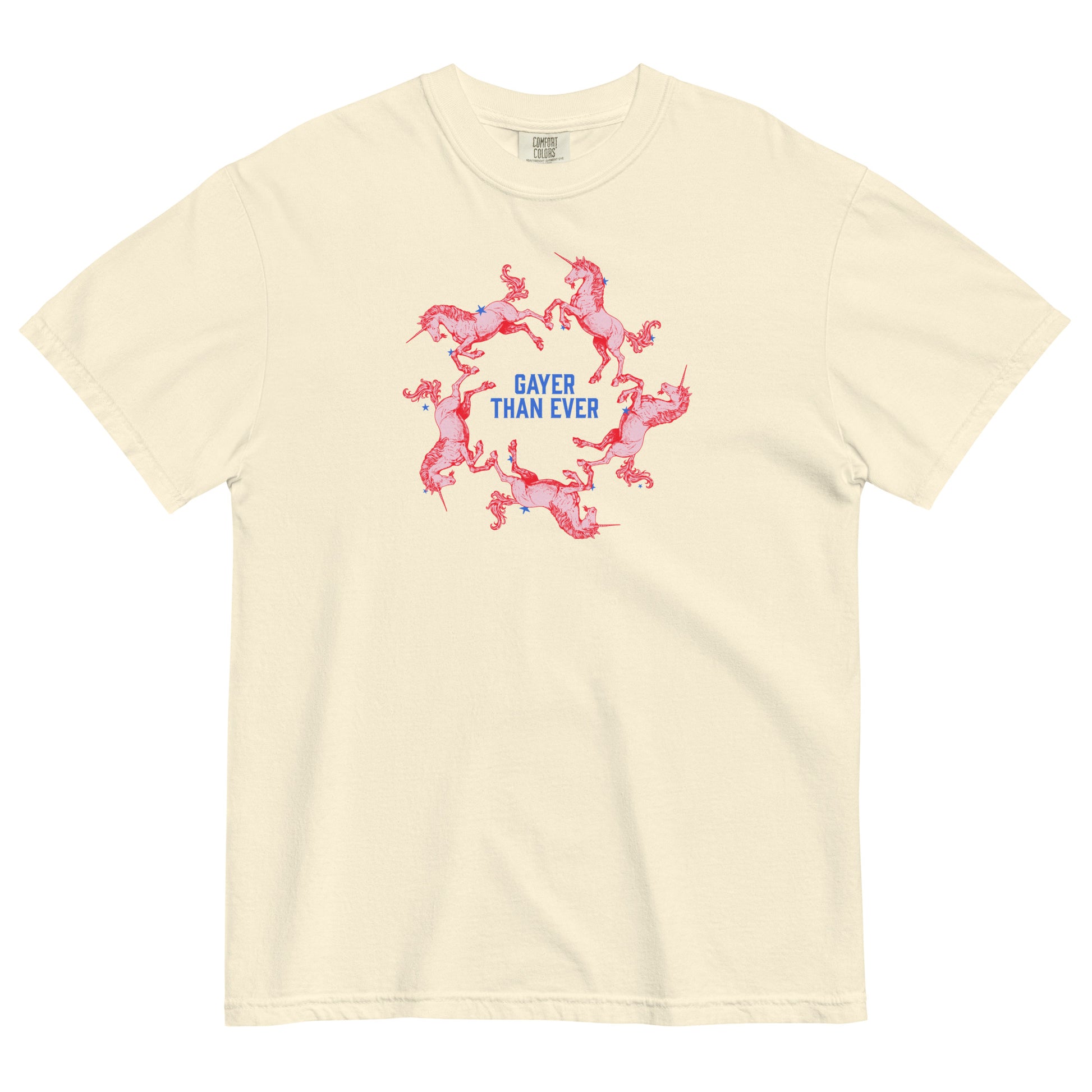 Off white t-shirt with pink unicorns and 'Gayer Than Ever'  in blue text 