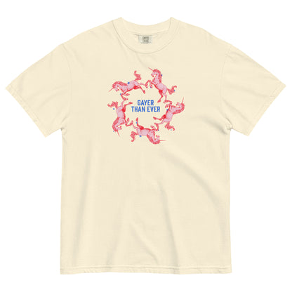 Off white t-shirt with pink unicorns and 'Gayer Than Ever'  in blue text 