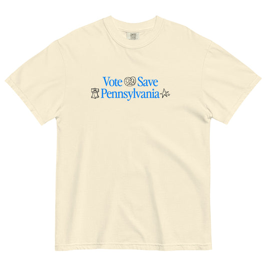 An off-white short-sleeve t-shirt with a blue graphic on the chest reading 'Vote Save Pennsylvania' with a liberty bell, pretzel, and star icons