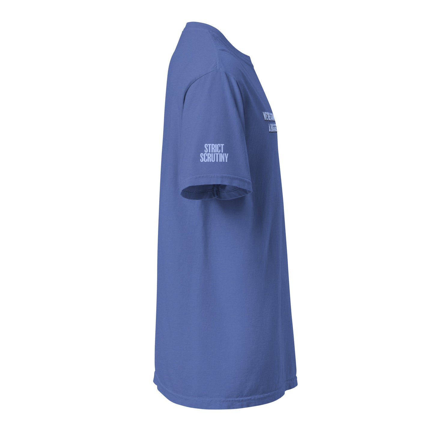 Blue t-shirt with Strict Scrutiny logo  on the left sleeve 