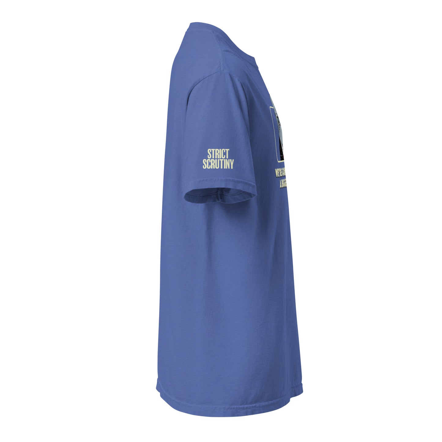 Blue t-shirt with  Strict Scrutiny logos in light yellow on the left sleeve 
