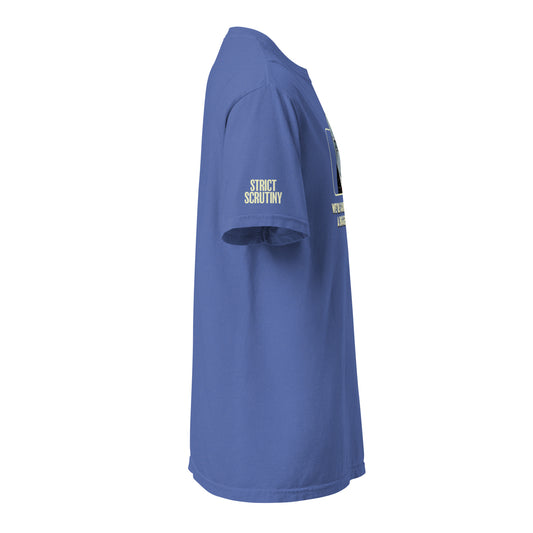 Blue t-shirt with  Strict Scrutiny logos in light yellow on the left sleeve 