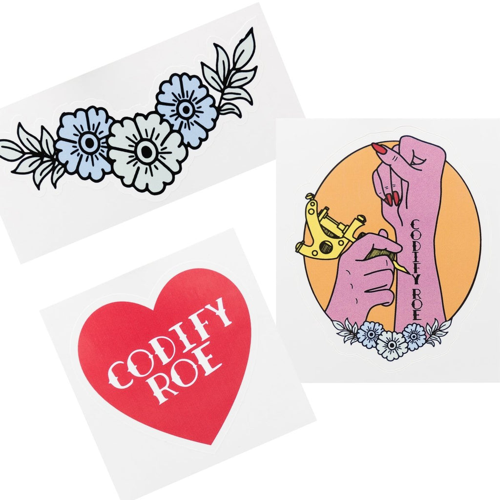 Crooked Store Codify Roe Sticker Pack, including a blue flower sticker, Codify Roe tattoo sticker, and a red heart sticker
