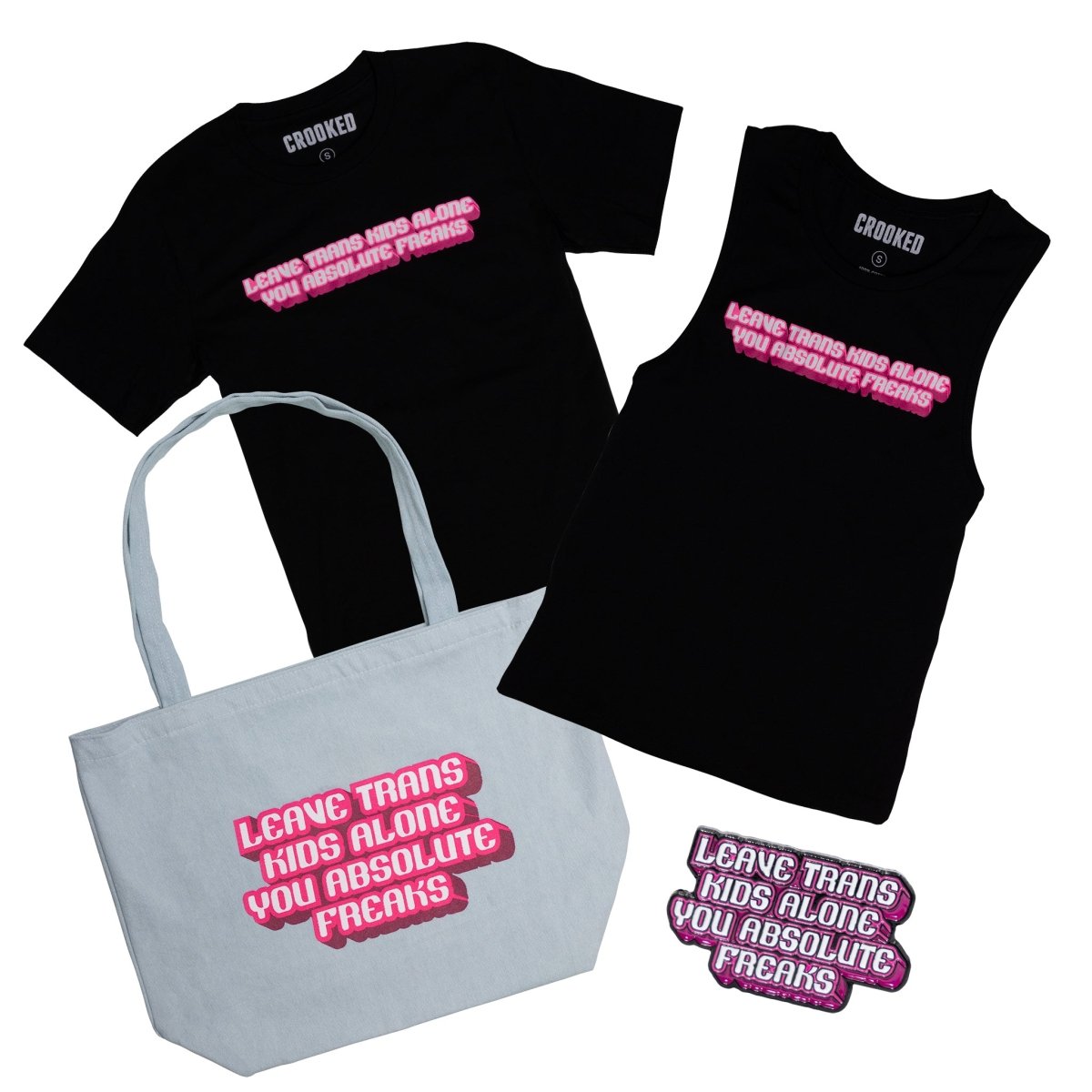 Crooked Leave Trans Kids Alone All Products including T-Shirt, Tote Bag, Tank Top and Pin