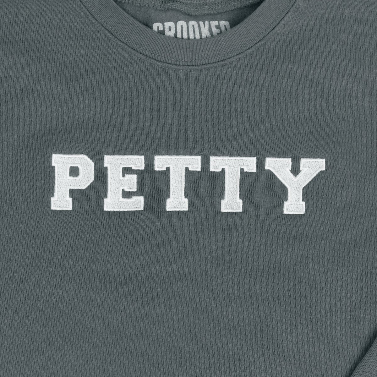 Crooked Petty Crewneck Storm Gray Close Up