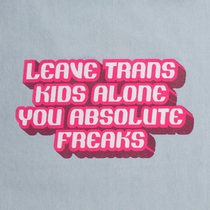 Crooked Leave Trans Kids Alone Denim Tote Bag with Pink Writing Close Up
