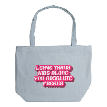 Crooked Leave Trans Kids Alone Denim Tote Bag with Pink Writing
