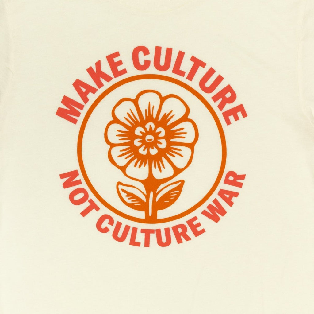 Crooked Media Make Culture Not Culture War Orange and Cream T-Shirt Close up of Circular Logo
