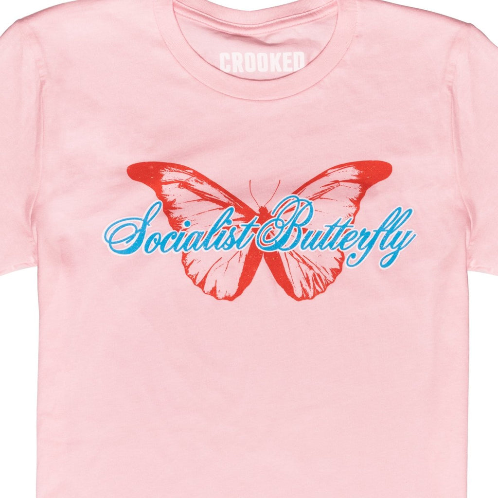 Crooked Socialist Butterfly Soft Pink T-Shirt Close Up
