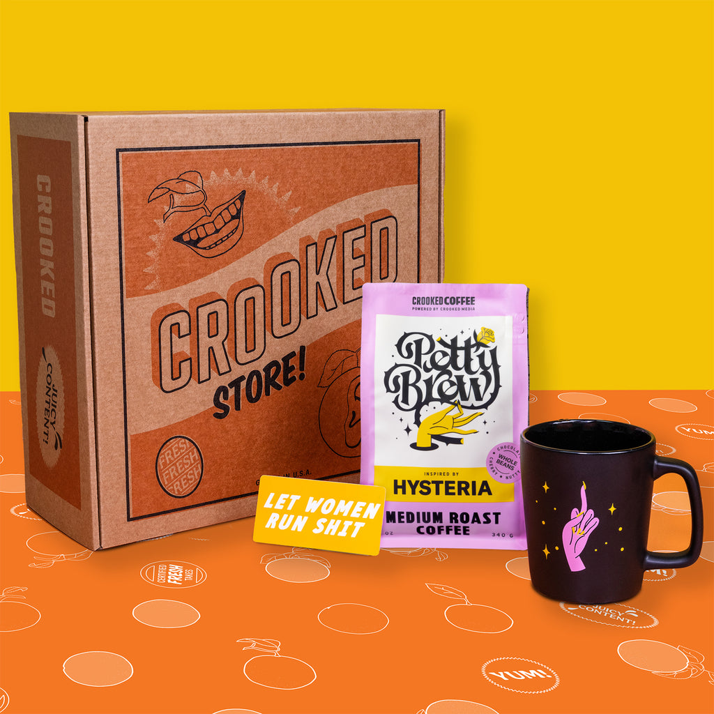 Crooked Coffee Rise and Rage Box Including: Petty Brew Medium Roast, F*ck That Guy Mug, Let Women Run Shit Sticker